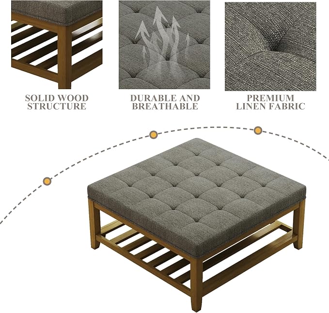 Befurtori Large Square Ottoman Coffee Table, Linen Solid Upholstered Footrest - Image 6