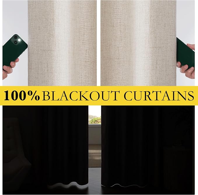 NICETOWN Oatmeal Linen 100% Blackout Curtains 120 inches Length 2 Panels Set - Image 2