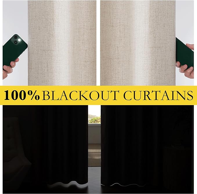 NICETOWN Oatmeal Linen Complete Blackout Curtains 48 inches - Image 3