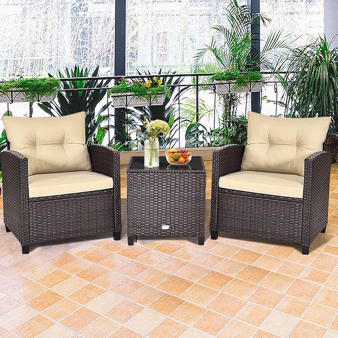 HAPPYGRILL 3 Pieces Patio Conversation Set, Outdoor Furniture Set PE Rattan - Image 2