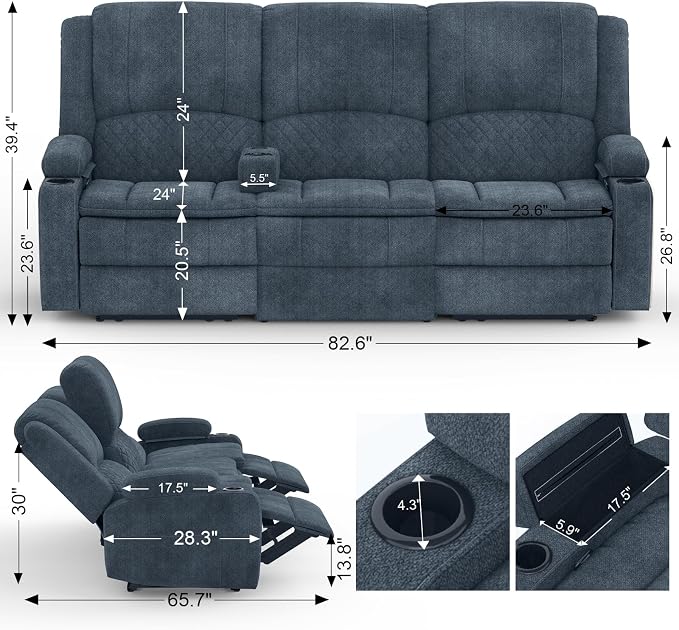 Yolsali 3-Seater Recliner Sofa, Manual Reclining Couch - Image 2