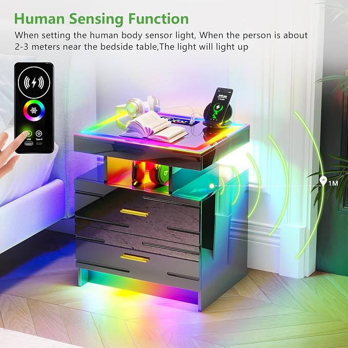 HNEBC RGB Nightstand with Wireless Charging Station, LED Night Stand with - Image 6