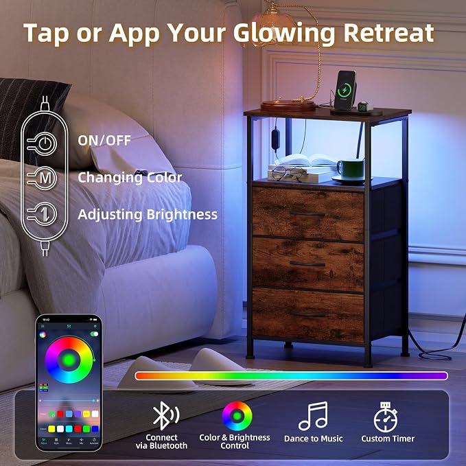 Somdot Tall Nightstand with Charging Station and LED Light - Image 4