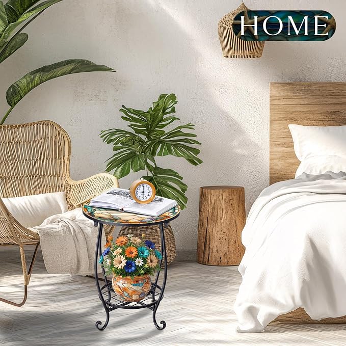 Cinnvoice Outdoor Side Table Round Small Mosaic Patio Accent Indoor End Plant - Image 6