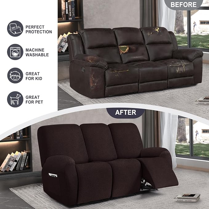 ANARACHON Leather Look Recliner Couch Cover, 8-Pieces Stretch Recliner Sofa - Image 6