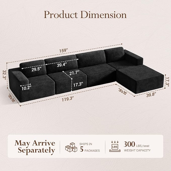 Vesgantti 159" Large Modular Sectional Sofa, L-Shaped Corduroy Cloud Couch - Image 2