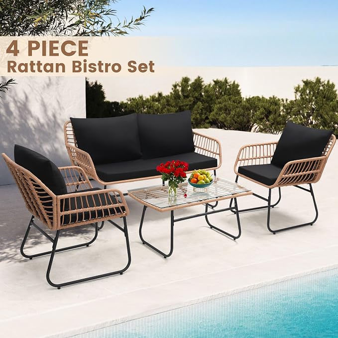 Kromax 4 Piece Patio Bistro Outdoor Furniture Set, Wicker Sofa, 2 Rattan Chairs - Image 2