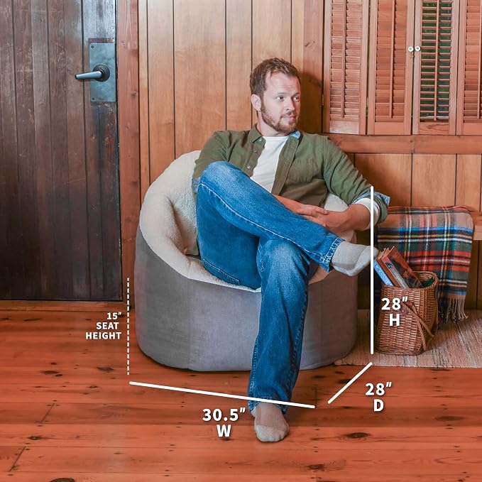 Big Joe Milano Bean Bag Chair, Oat Sherpa and Graphite Vegan Suede, Soft - Image 3