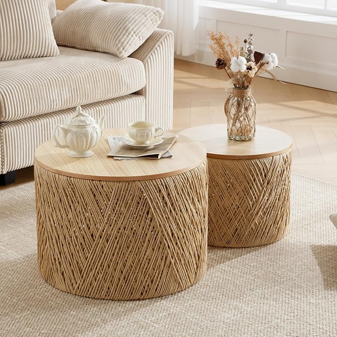 Kmax 24" Round Wood Nesting Coffee Table Set of 2 Handcraft Woven & Rope Rattan by Kmax