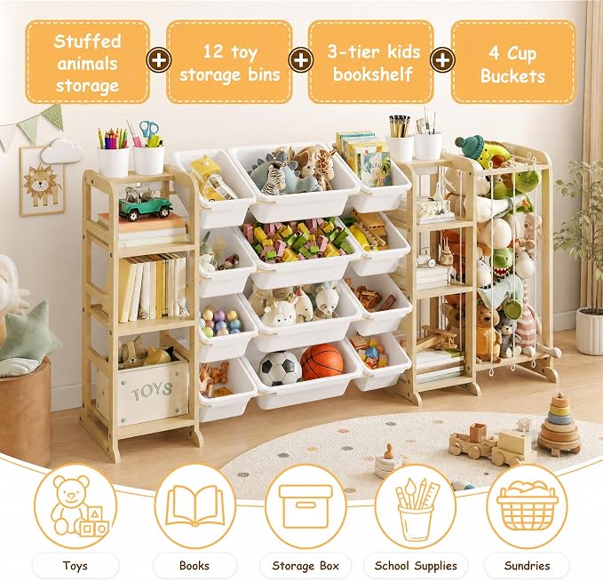 Toy Storage Shelf 3-in-1 Bookshelf & Stuffed Animal Storage & 12 Plastic Bins - Image 3