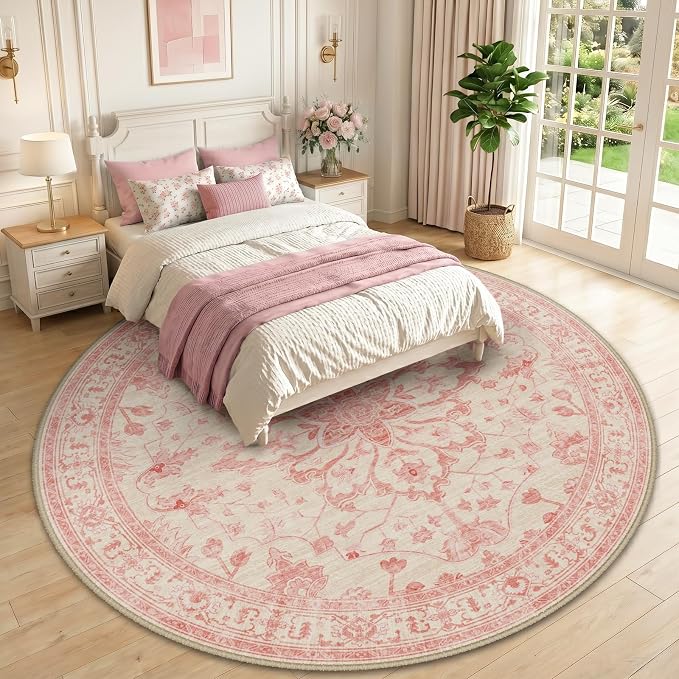 RELEANY Area Rugs Round 10ft Washable Non-Slip, Floral Vintage Distress Print - Image 2