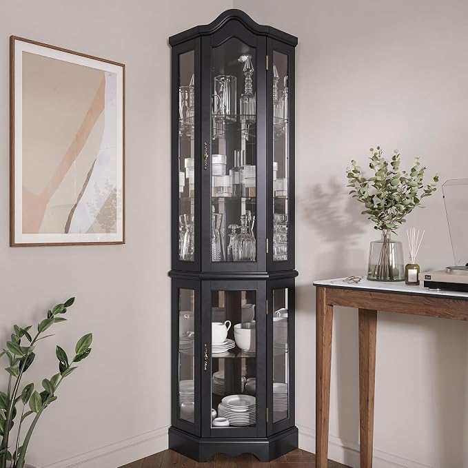 BELLEZE Lighted 3-Side Glass Display Curio Cabinet w/Tempered Glass Doors and - Image 3