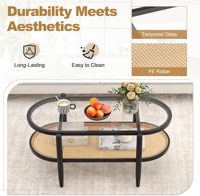 Giantex Rattan Coffee Table, 2-Tier Oval Wood Tea Table - Image 6