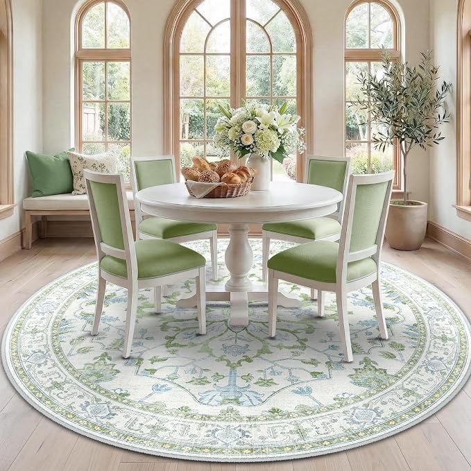 RELEANY Area Rugs Round 7ft Washable Non-Slip, Floral Vintage Distress Print by RELEANY