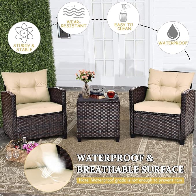 COSTWAY 3PCS Patio Furniture Set, PE Rattan Wicker Sofa w/Washable Cushion and - Image 5