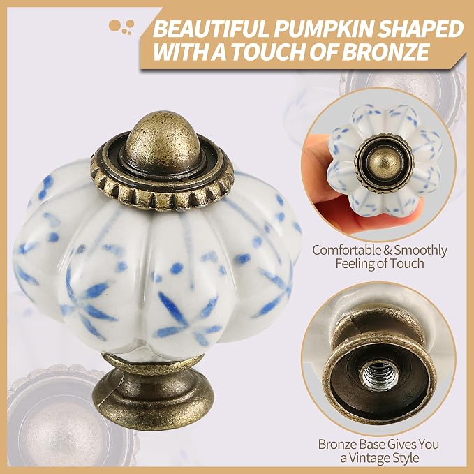Ivory & Blue Pumpkin Knobs 6 Pack Ceramic Cabinet Knobs Vintage Drawer Pulls - Image 3