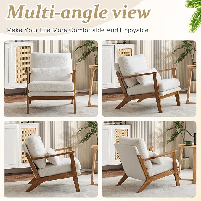 VINGLI Solid Wood Wide Armrests Accent Chair, Upholstered Mid Century Modern - Image 8
