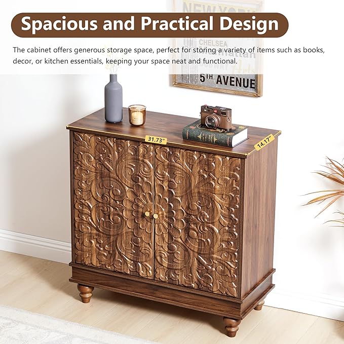 weselon Accent Cabinet Set of 2, Farmhouse Carved Storage Sideboard Buffet - Image 4
