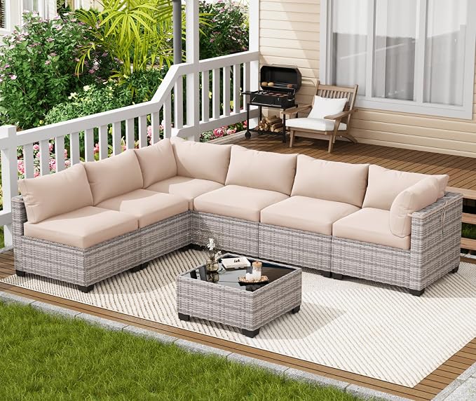 LOUVIXA 7 Piece Outdoor Patio Furniture Set, Outdoor Sectional Sofa, Wicker - Image 7