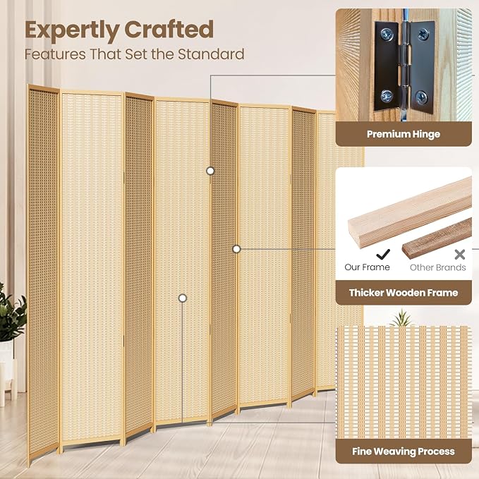 8 Panel Room Divider and Extra Wide Folding Privacy Screen, Bamboo Room Divider - Image 4