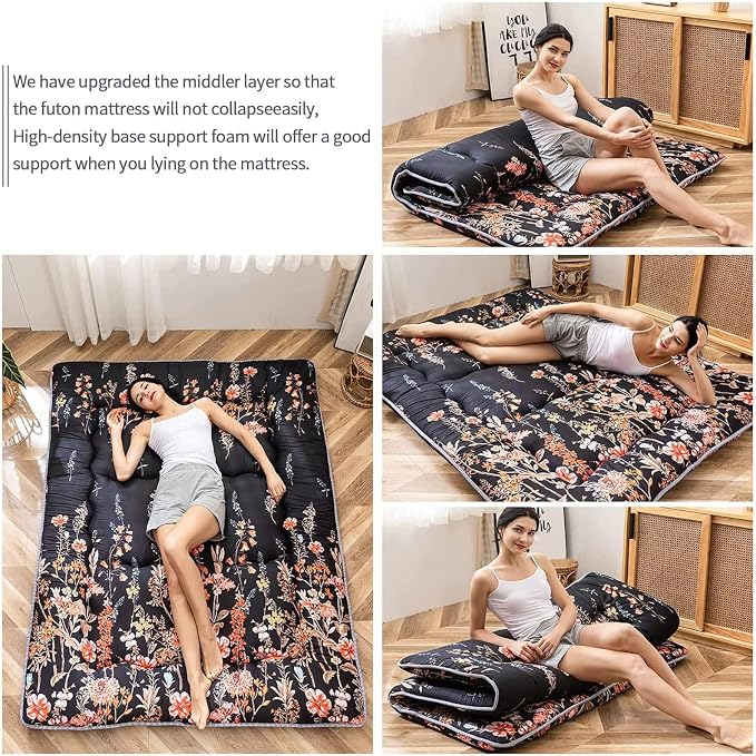 MAXYOYO Black Floral Japanese Futon Floor Mattress, Mattress Topper Portable - Image 2