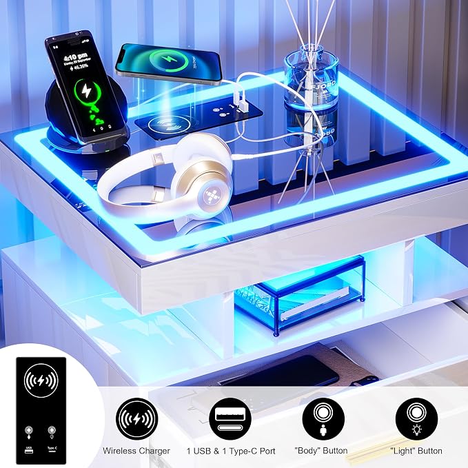HNEBC LED Nightstand with Charging Station High Gloss Bedside Table with 2 - Image 3