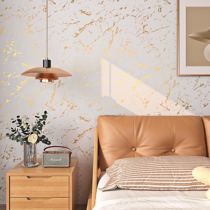 FunStick 24"x200" Off White and Gold Marble Peel and Stick Wallpaper Self - Image 2