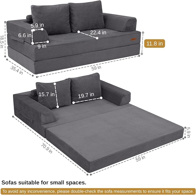 COMAX Convertible Sofa Bed, Folding Floor Couch Corduroy Fold Out Couch Bed - Image 3