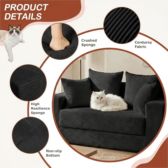 Convertible 5 in 1 Futon Sofa Bed Full Size, Corduroy Boneless Couch Sleeper - Image 5
