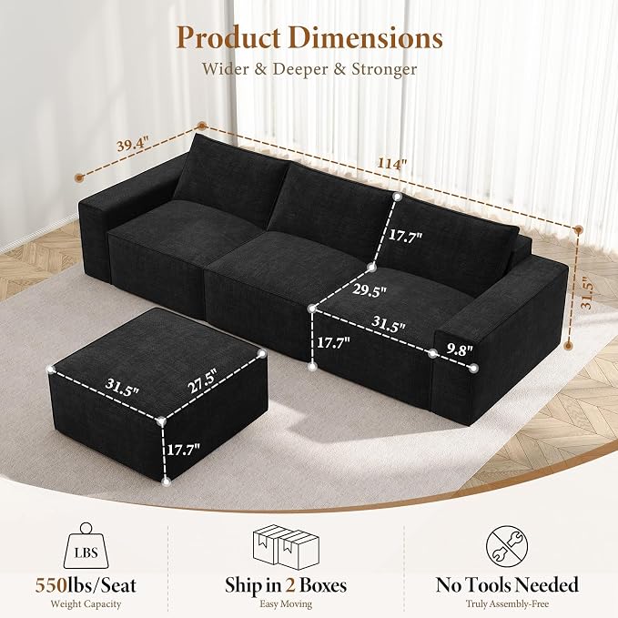 Vesgantti 114" Modular Sectional Boneless Couch, Modern 3 Seater Sofa - Image 3