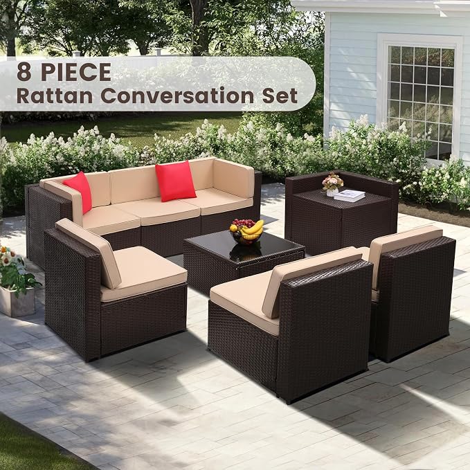KROFEM 8-Piece Patio Furniture Set, Outdoor Wicker Rattan Sectional - Image 2