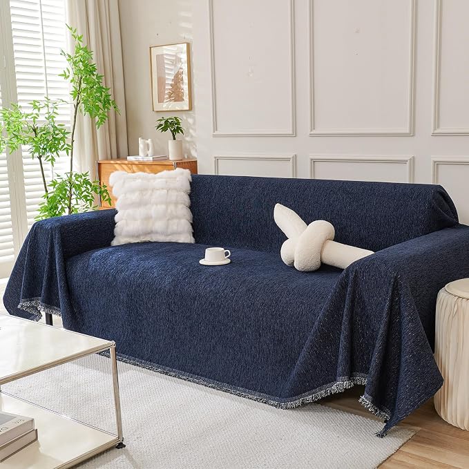 DREAMINGO Navy Blue Couch Cover Thick Chenille Couch Cover Blanket by DREAMINGO