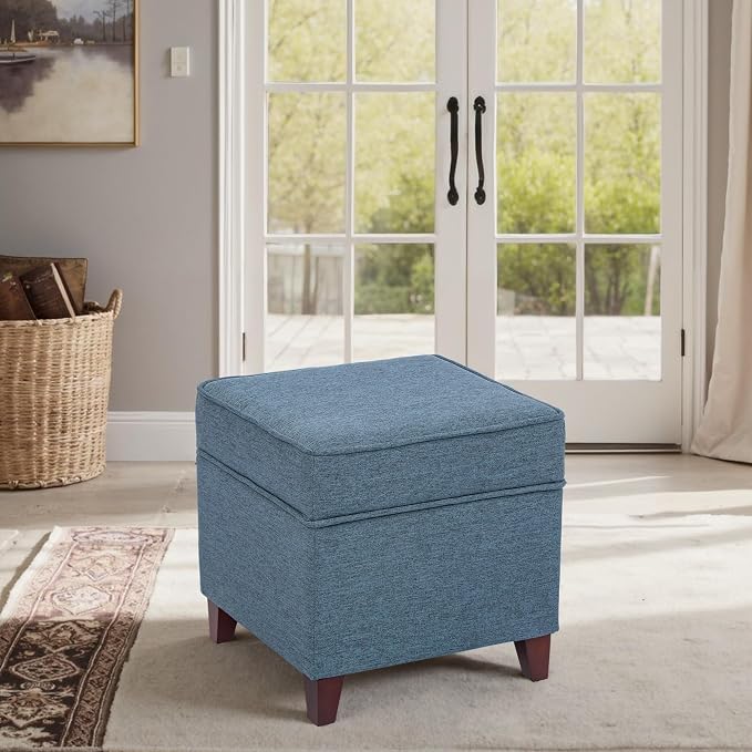 Adeco 17" Square Ottoman with Storage, Small Blue Storage Ottoman Foot Rest - Image 7