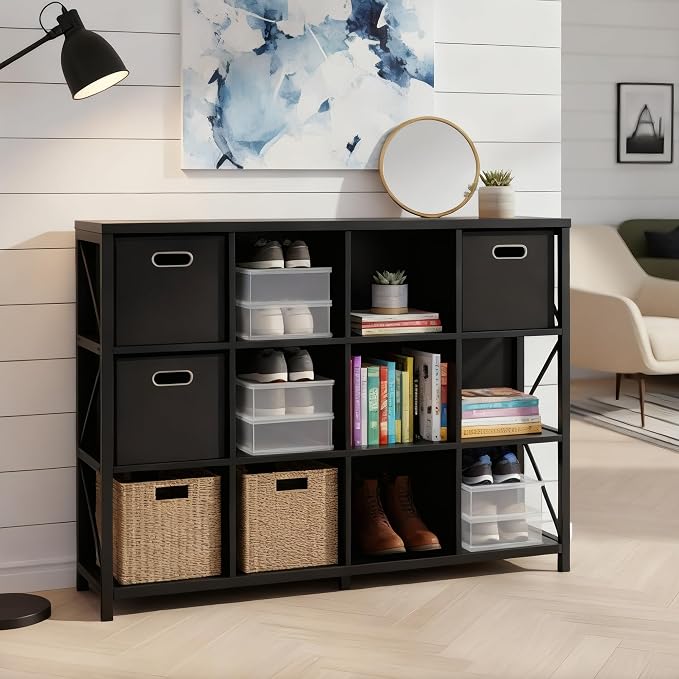 12 Cube Storage Organizer Bookshelf, Industrial Horizontal Bookcase, Accent by Unknown