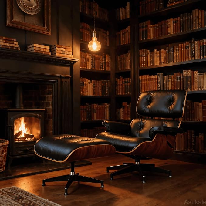 Top Black Grain Leather, Mid Century Chaise Lounge Chair and Ottoman, Leather - Image 6