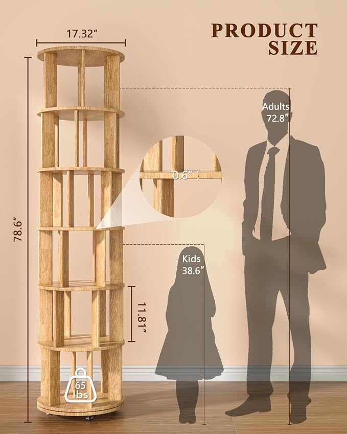 6-Tier Solid Wood Rotating Bookshelf on Wheels, 360° Spinning Book Shelf Tower - Image 2