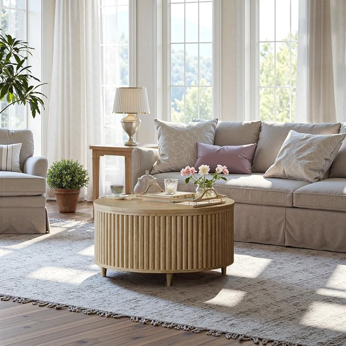 Evermagin 31.5'' Round Coffee Table, Fluted Lift Top Oak Coffee Table - Image 5