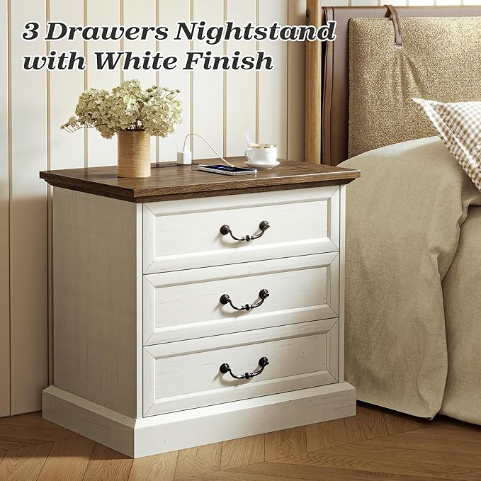 Huuger Nightstand with Charging Station, 3 Drawer Night Stand, 22 Inch Wider - Image 3