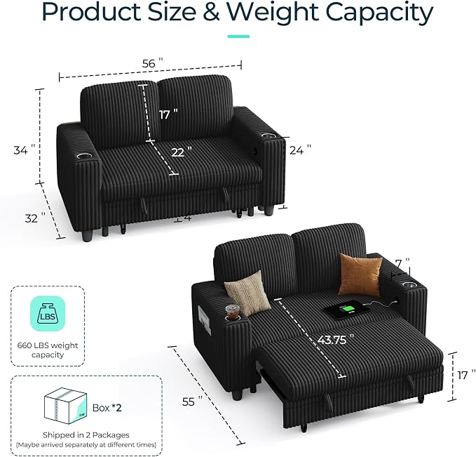LINSY HOME Loveseat Sofa with Pull Out Couch Chaise: 2-in-1 Convertible 2 - Image 2
