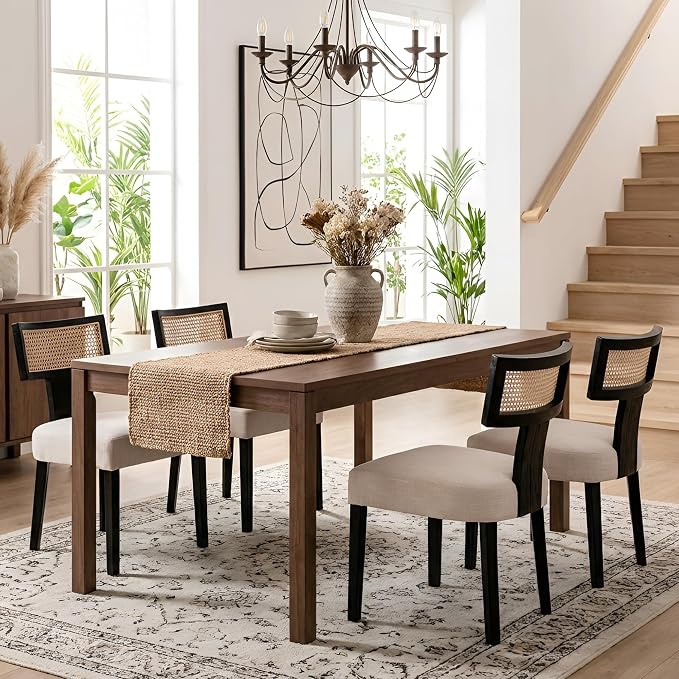 HNY Mid Century Modern Rattan Dining Chairs Set of 4, Farmhouse Linen - Image 8