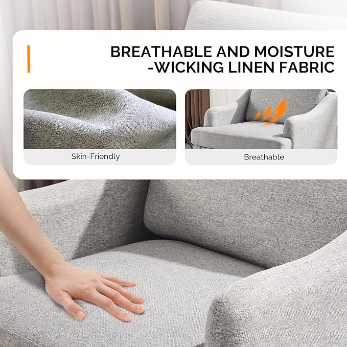 VINGLI Linen Fabric Accent Chair Grey, Modern Upholstered Armchair, Comfy Sofa - Image 4