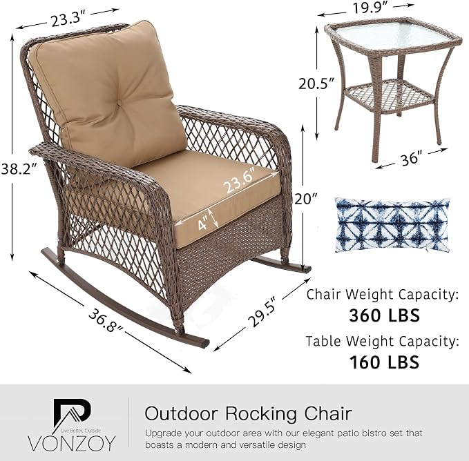 Patio Furniture Set 3 Pieces, Wicker Rocking Bistro Set - Image 7