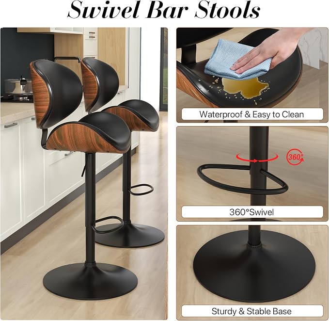 KCC Bar Stools Set of 4, Swivel Adjustable Height Barstools, PU Leather - Image 4