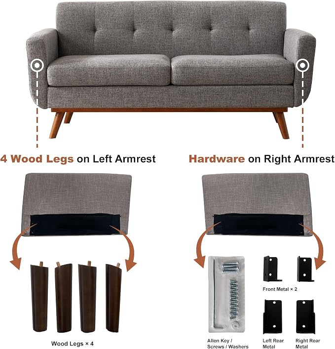 Kingfun 65.2" W Loveseat Sofa, Mid Century Modern Decor Love Seat Couches - Image 6