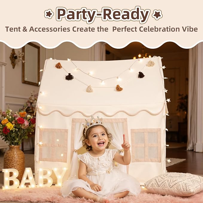 Kids Play Tent Indoor: with Mat, Tassel Garland, Star Lights - Image 7