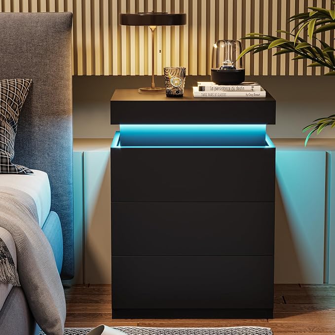 ADORNEVE Nightstand with Charging Station and LED Lights, Night Stand with by ADORNEVE