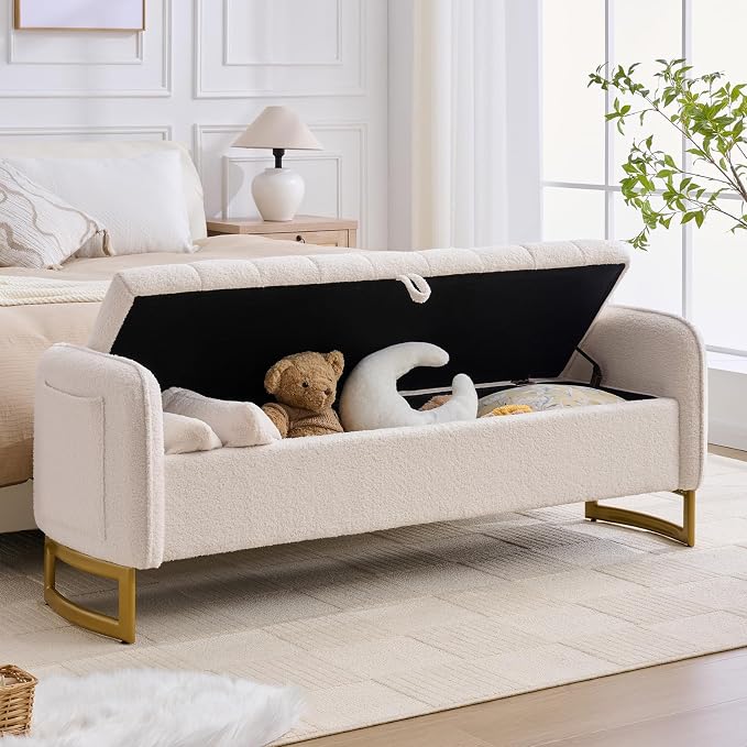 66" End of Bed Bench King Size, Teddy Boucle Storage Bench - Image 9