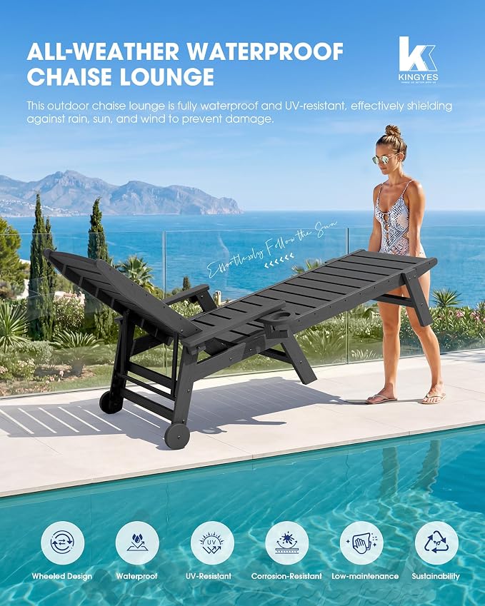 KINGYES HDPE Lounge Chair Outdoor, Patio Chaise Lounge Recliner - Image 7