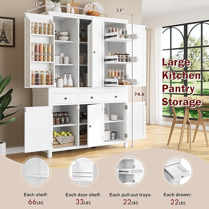 74.8''H High Freestanding Kitchen Pantry, Wooden Kitchen Organizers Cupboard - Image 5
