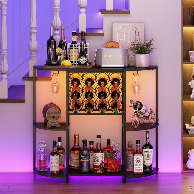 JKsmart Wine Bar Cabinet with LED Lights, Mini Wine Bar Cart with Storage and - Image 8
